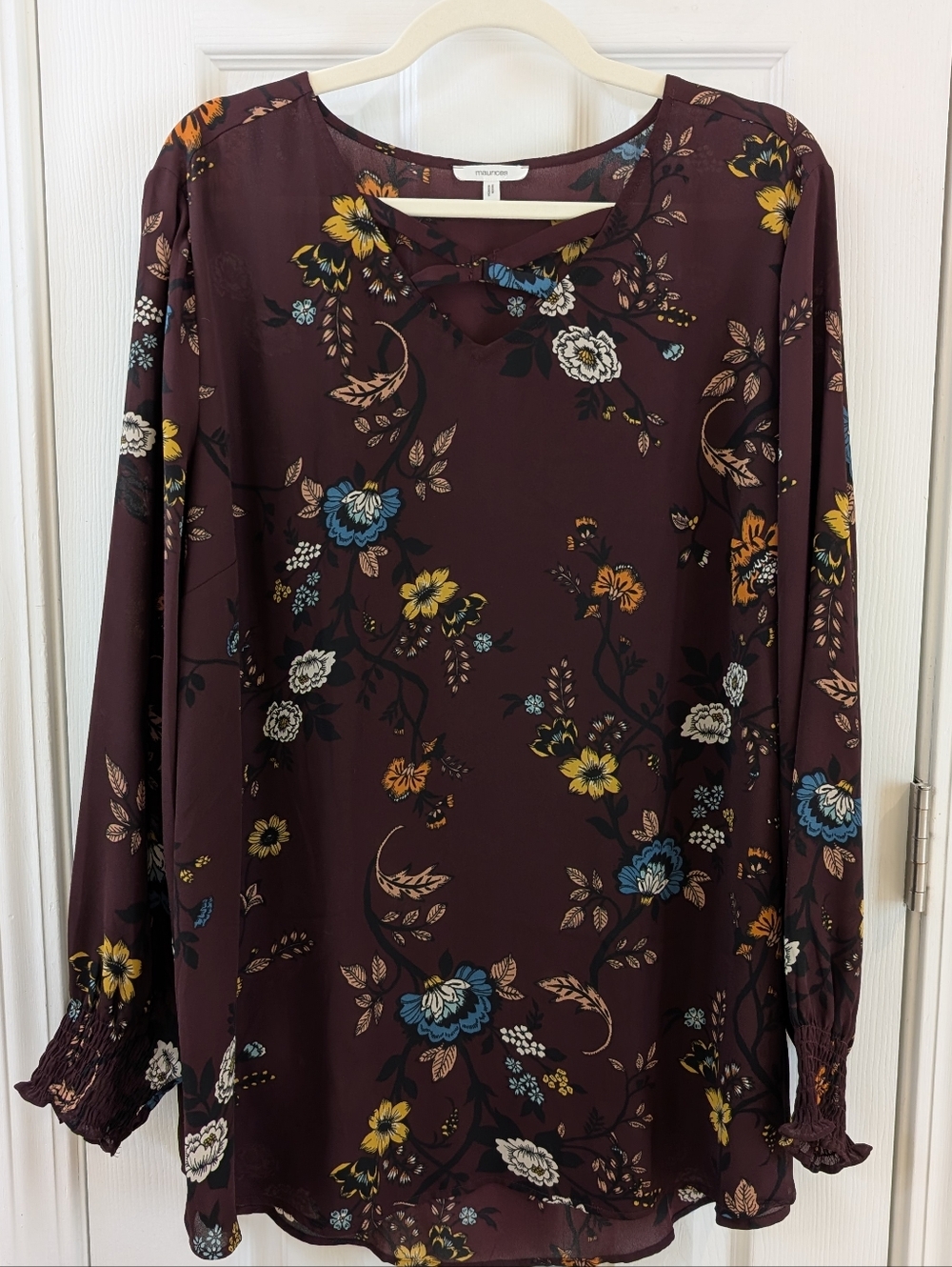 Maurice's Floral Long-Sleeve Blouse — Burgundy